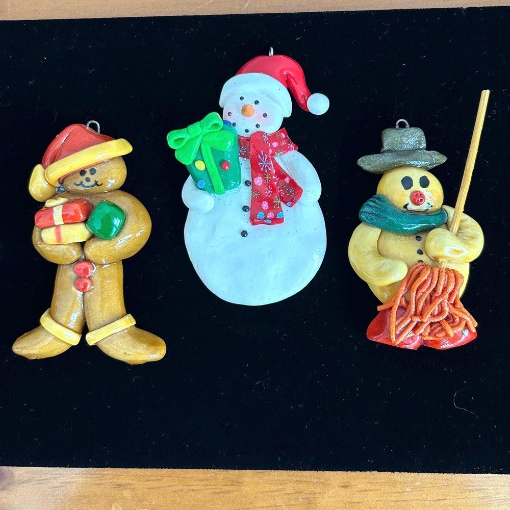 Lot 3 Vintage Christmas‎ Dough/Clay Ornaments Gingerbread Man, Snow Man